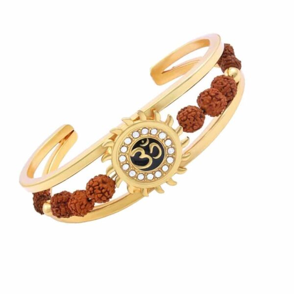 Rudraksha American Diamond Gold Meena Om Sun Men Cuff Kada Bracelet